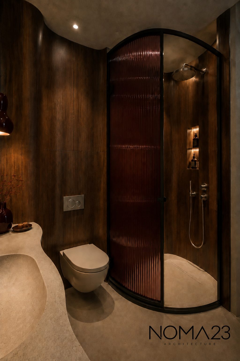 Dark walnut bathroom with curved fluted-glass shower