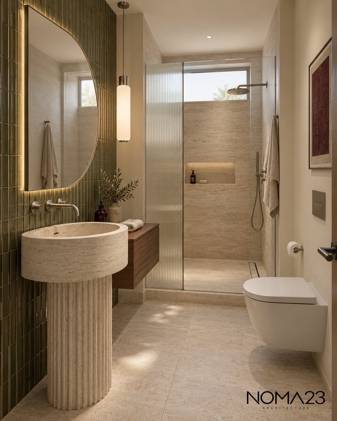 Bathroom with travertine pedestal basin and olive-green tiles