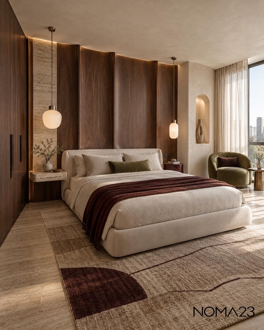 Bedroom with curved walnut headboard wall and travertine