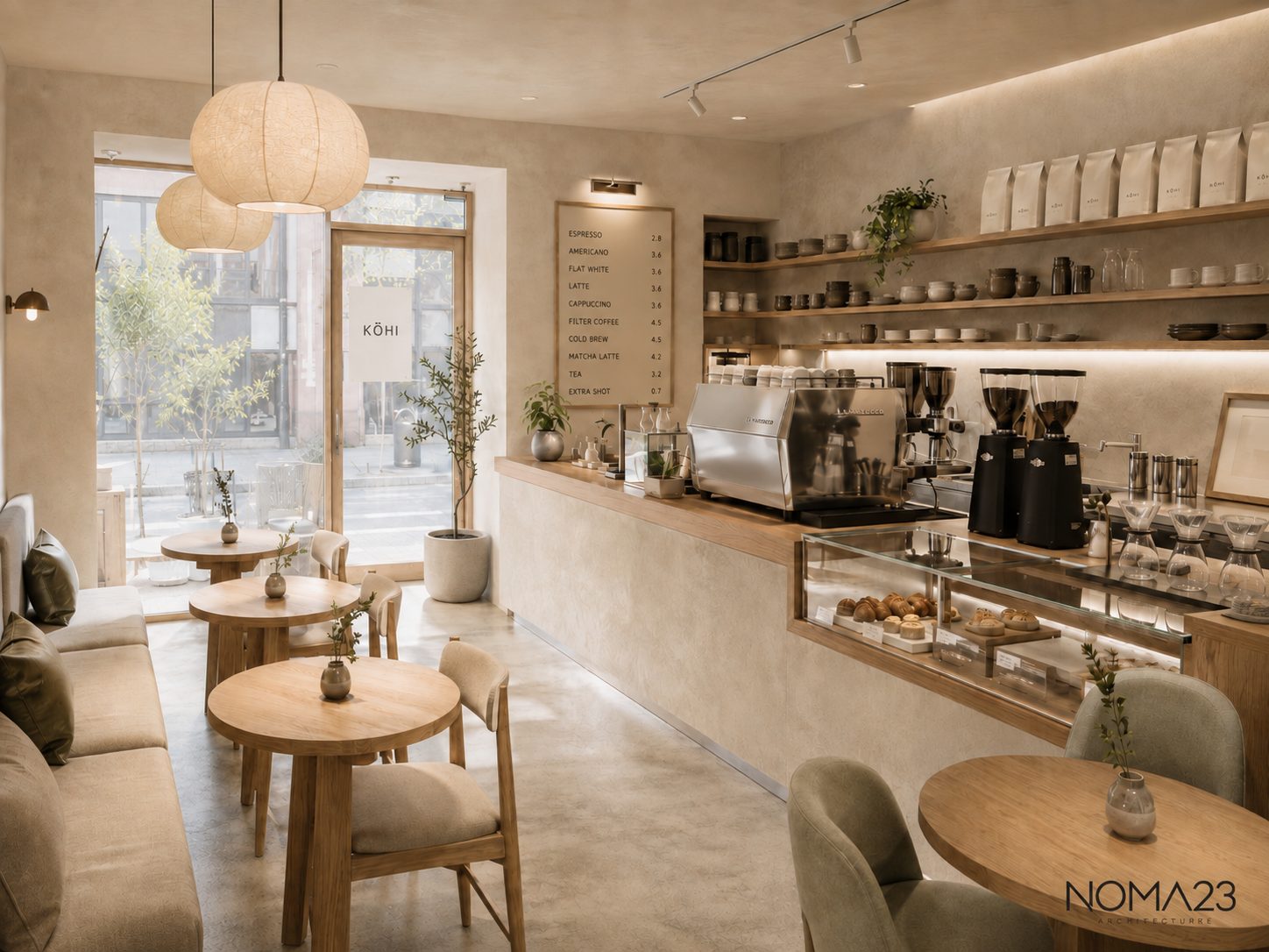 Köhi café interior in warm plaster and oak, designed by Noma23