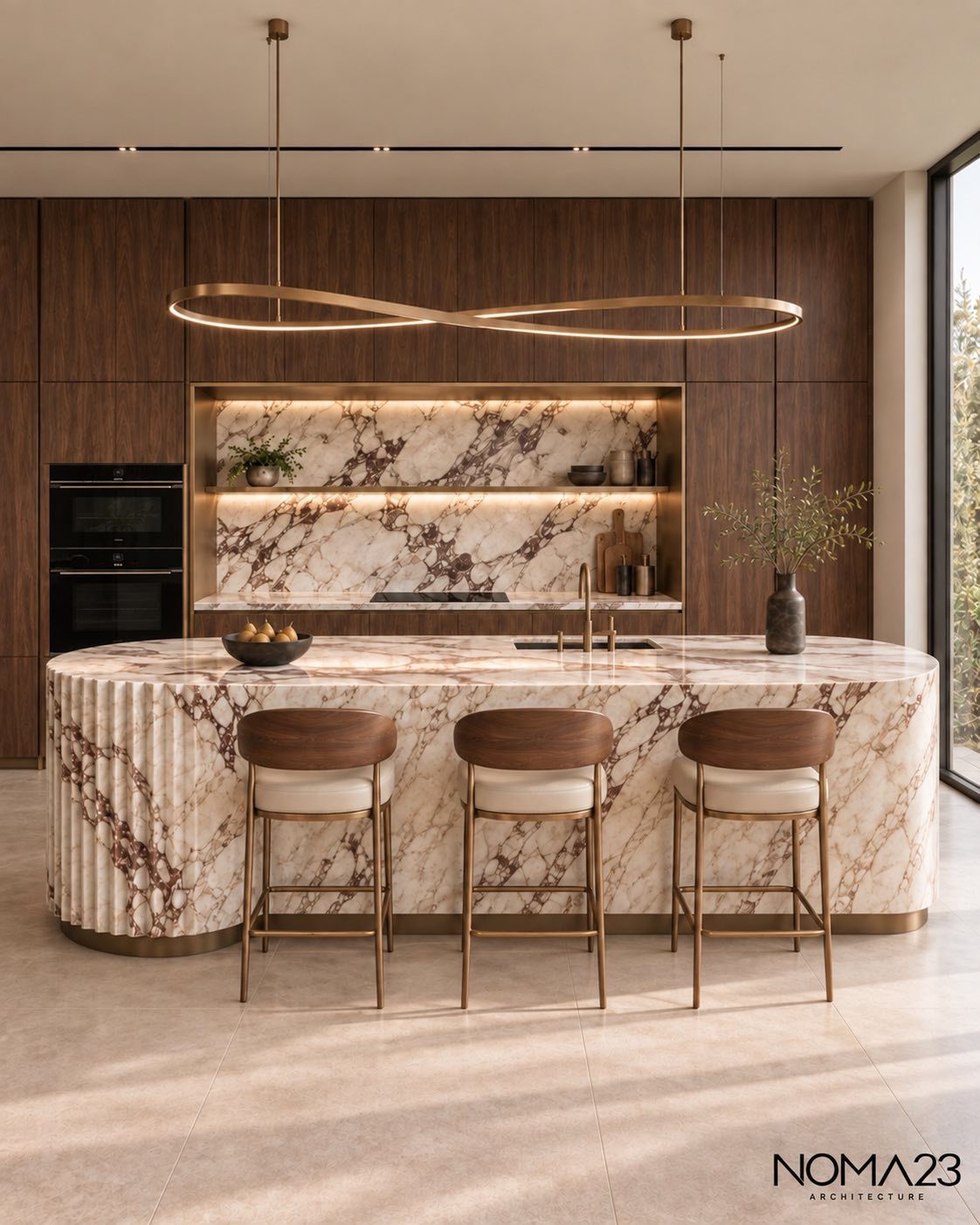 Kitchen with fluted marble island and walnut cabinetry