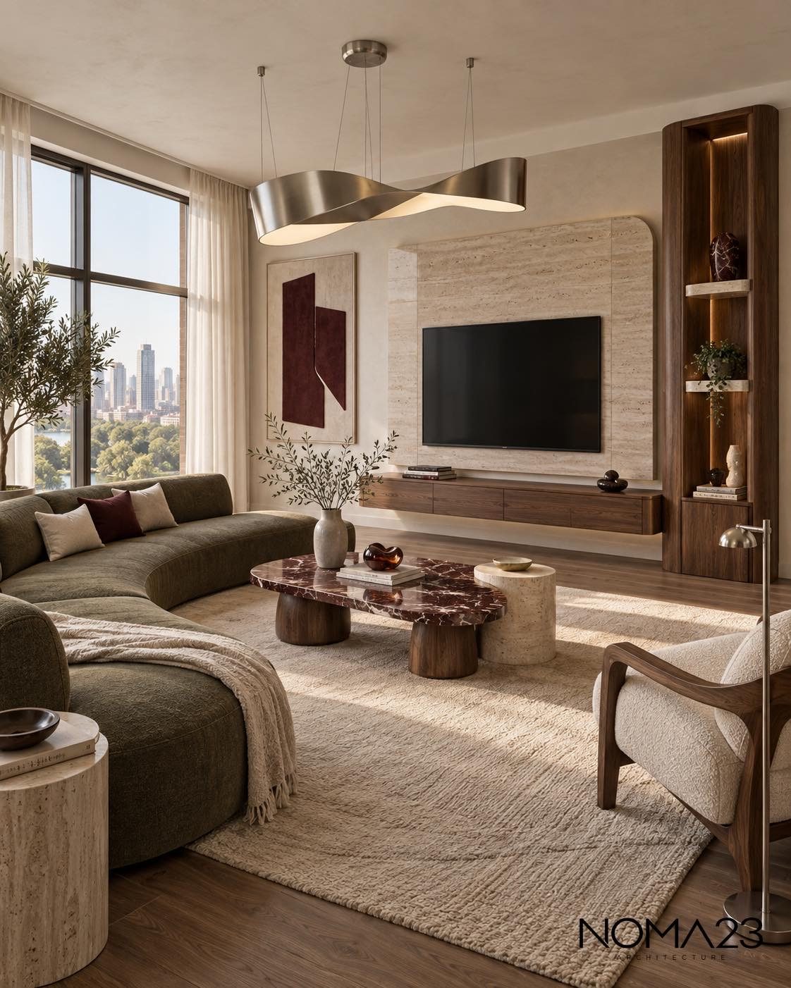 Living room with travertine wall, walnut and marble coffee table