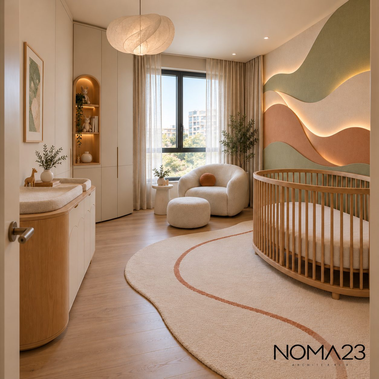 Nursery with sculpted wave wall and round crib