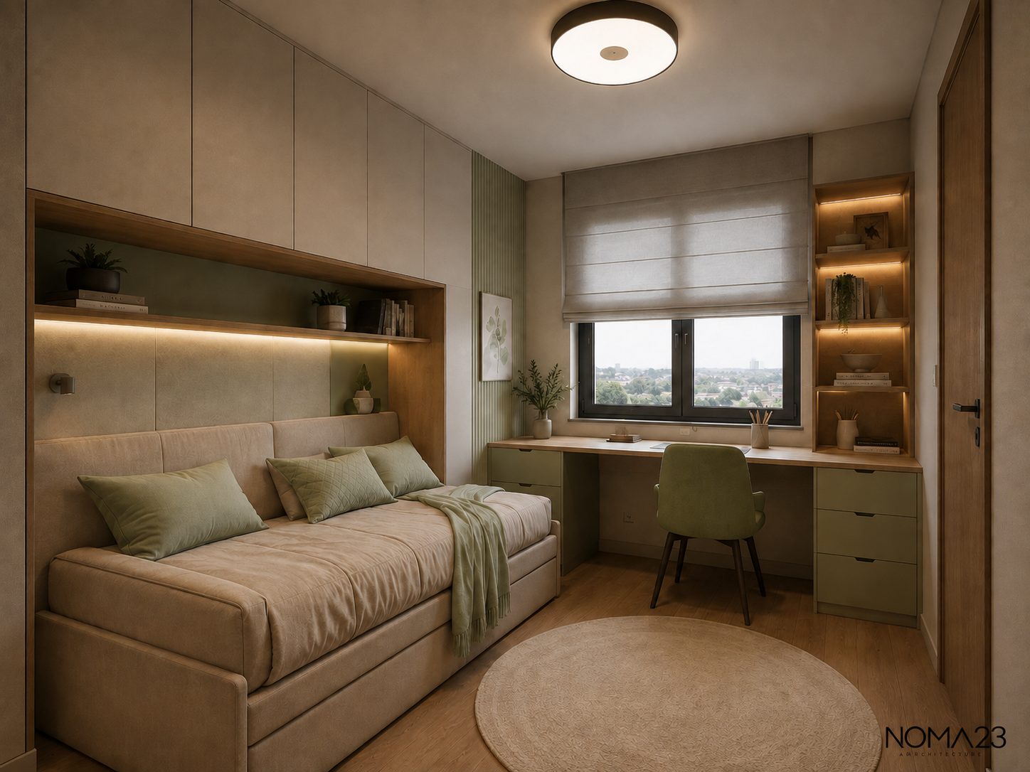Compact room with built-in daybed, desk and storage