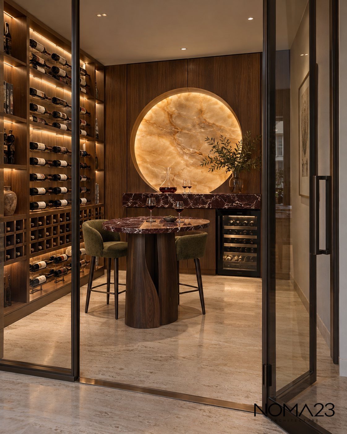 Wine room with backlit onyx circle and walnut shelving